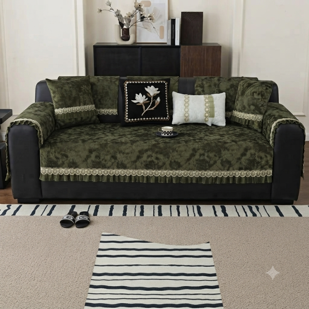 FLORAL ANTI SKID LACE SOFA MAT - CLASSY GREEN