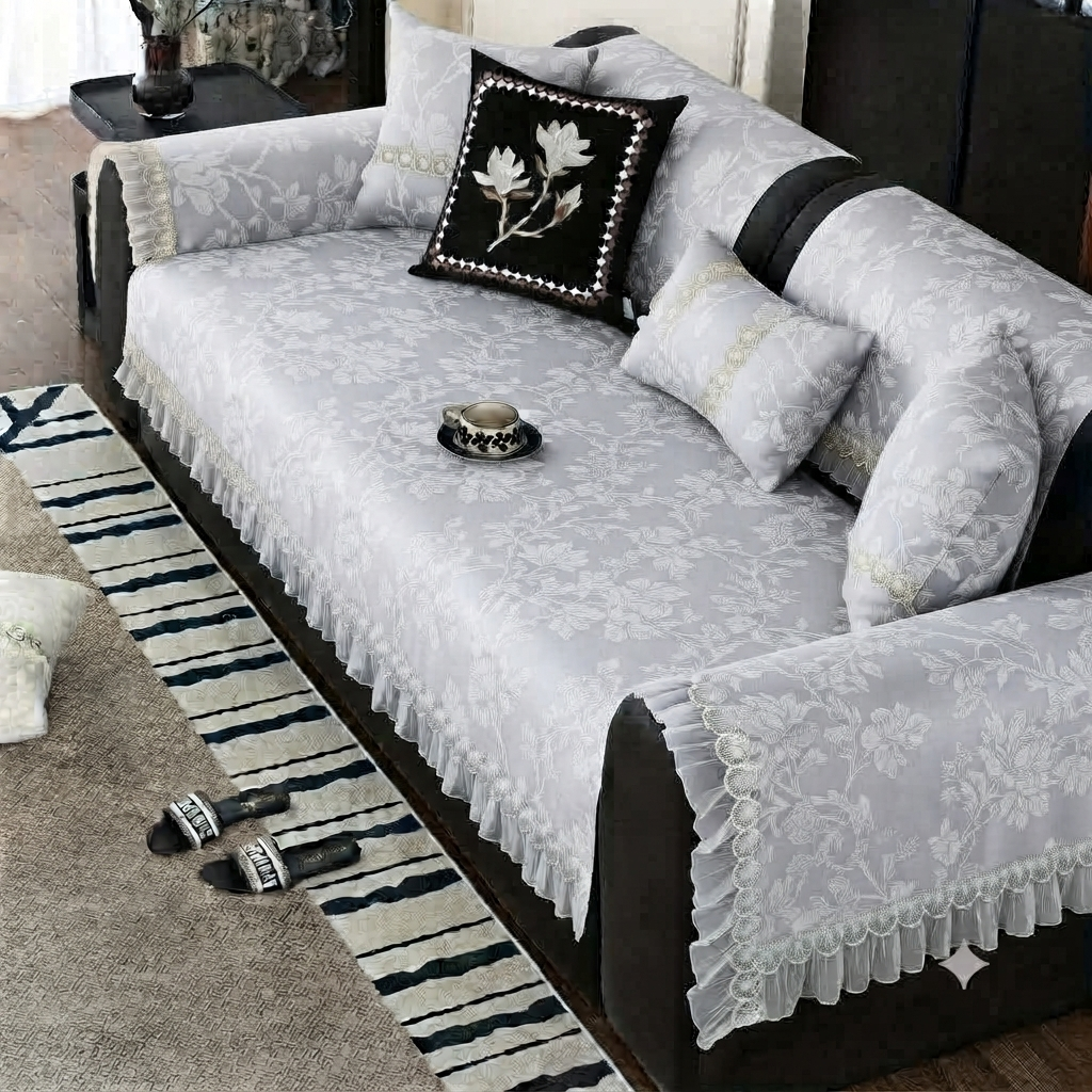 FLORAL ANTI SKID LACE SOFA MAT - FOG GREY