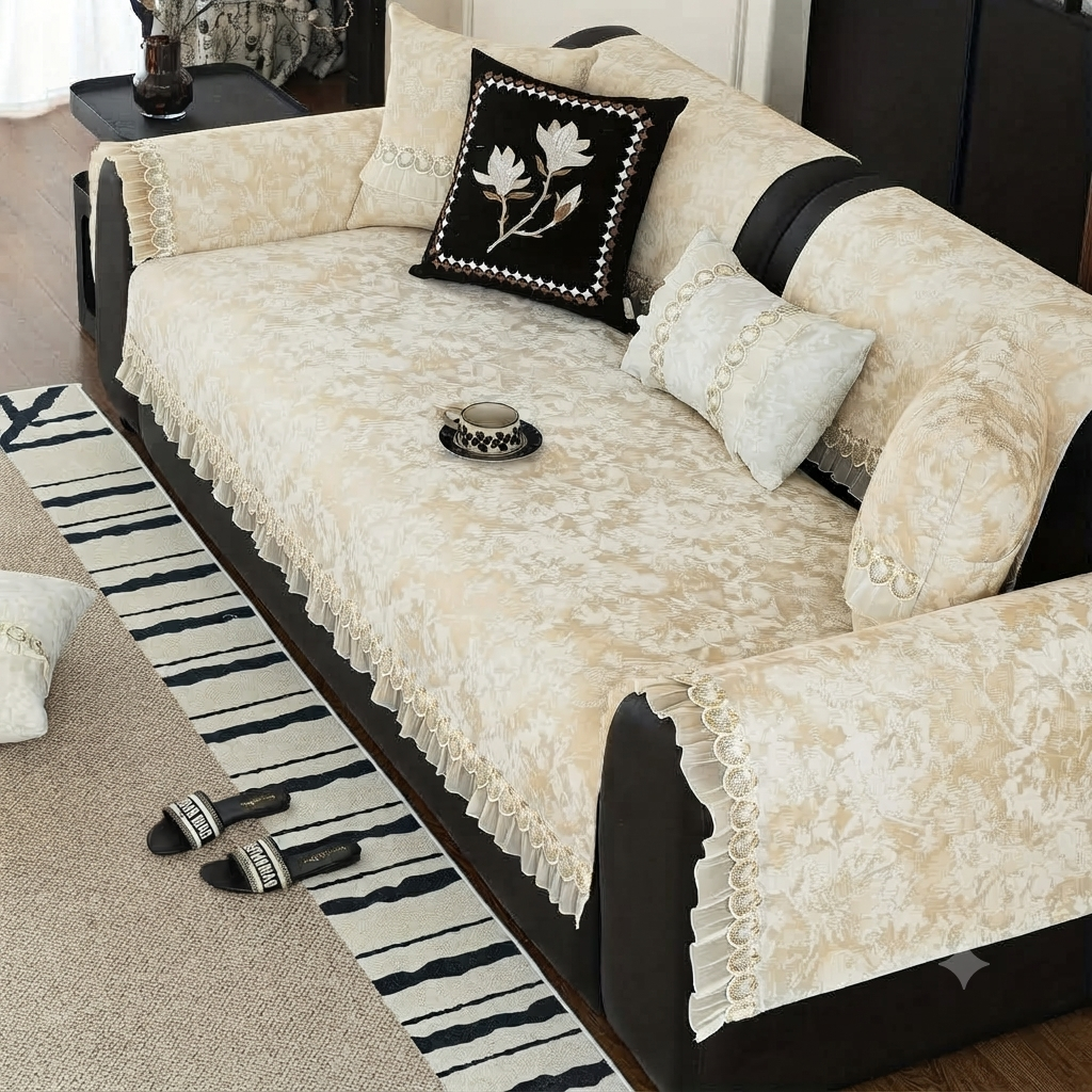 FLORAL ANTI SKID LACE SOFA MAT - ROYAL CREAM