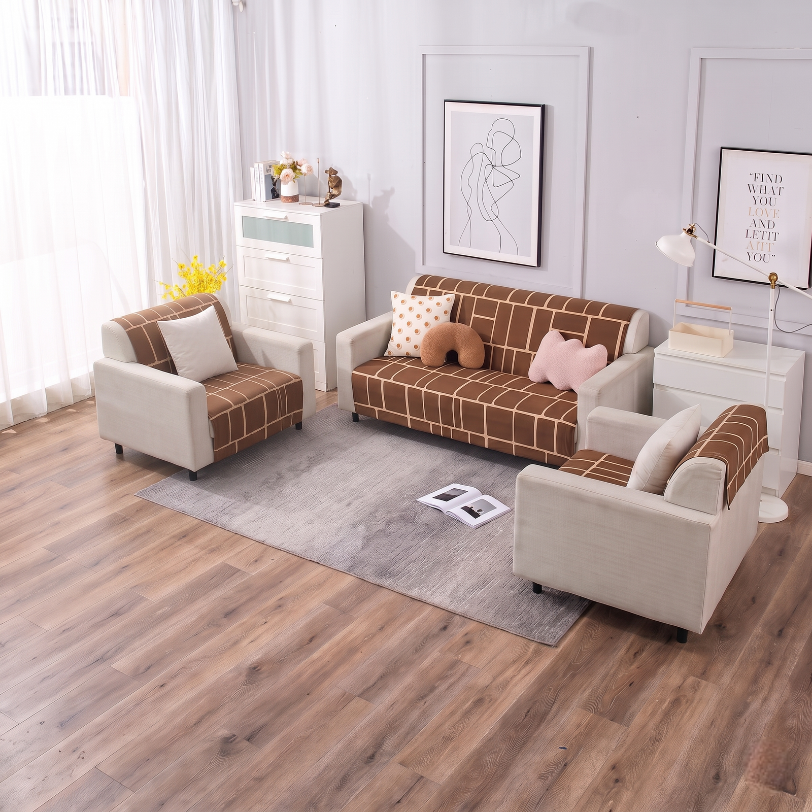 Luxury Anti-Skid Armless Sofa Mats - Mocha Grid