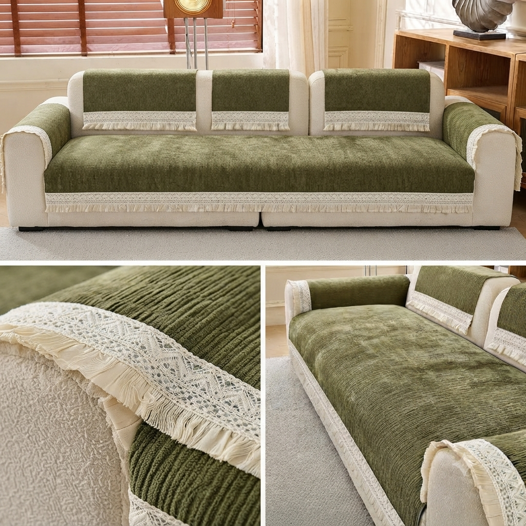 RUFFLE LACE ANTI SKID SOFA MAT - OLIVE
