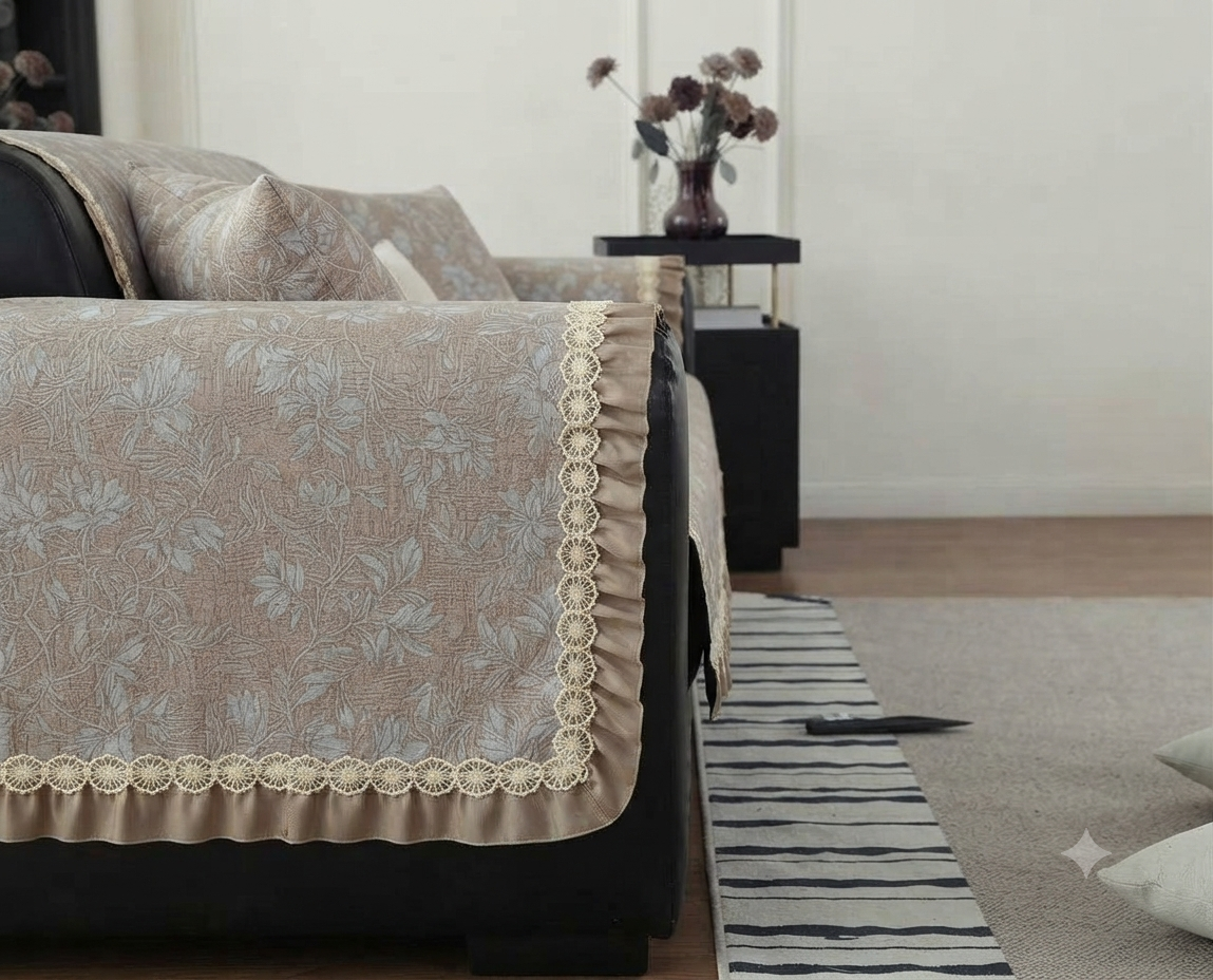FLORAL ANTI SKID LACE SOFA MAT - ROASTED KHAKI