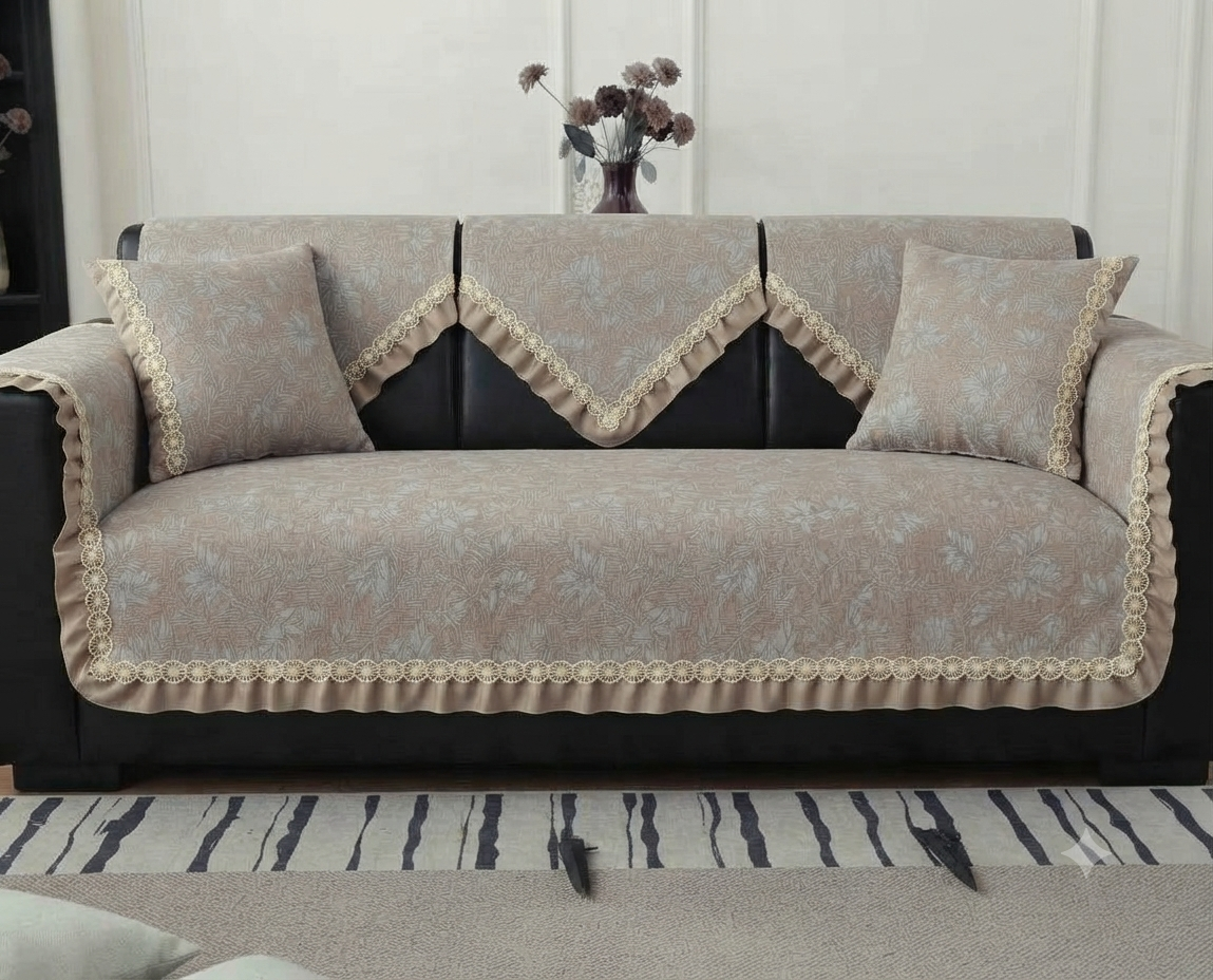 FLORAL ANTI SKID LACE SOFA MAT - ROASTED KHAKI