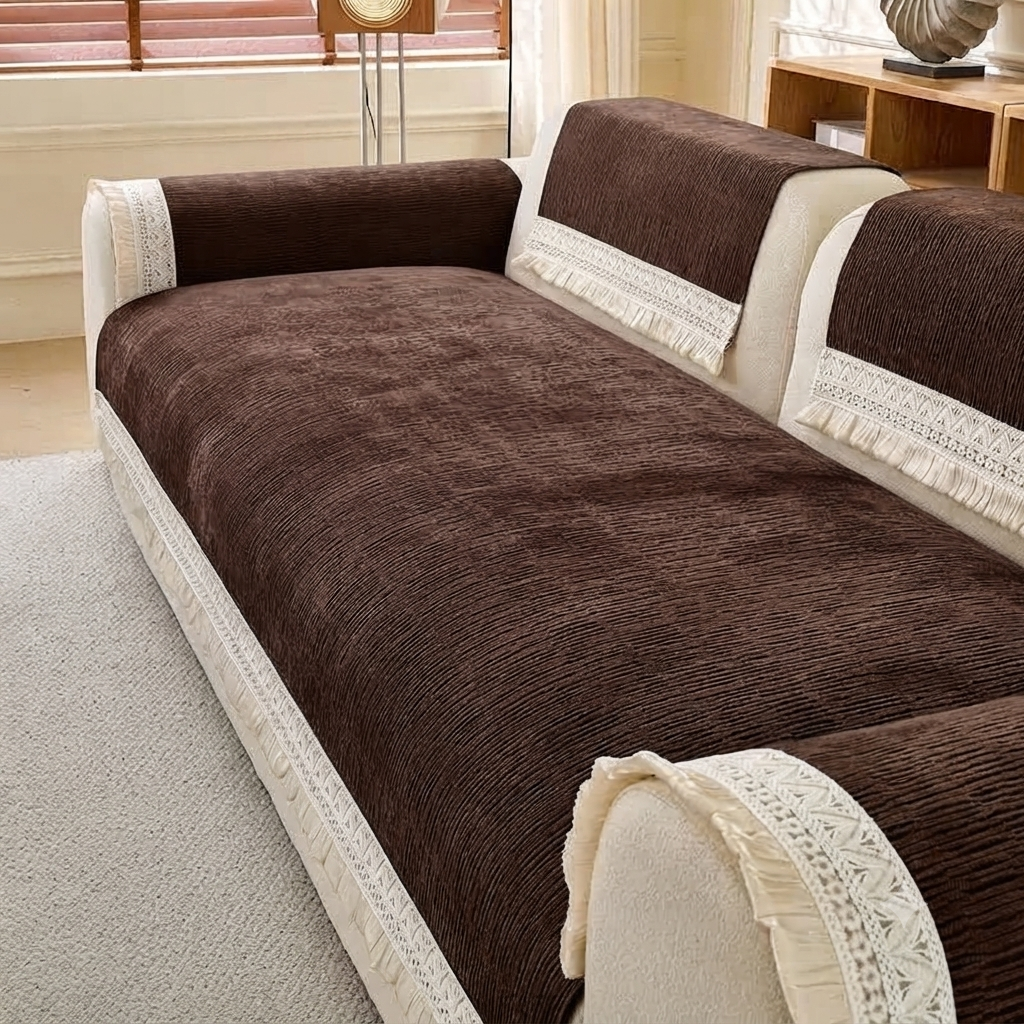 RUFFLE LACE ANTI SKID SOFA MAT - COFFEE