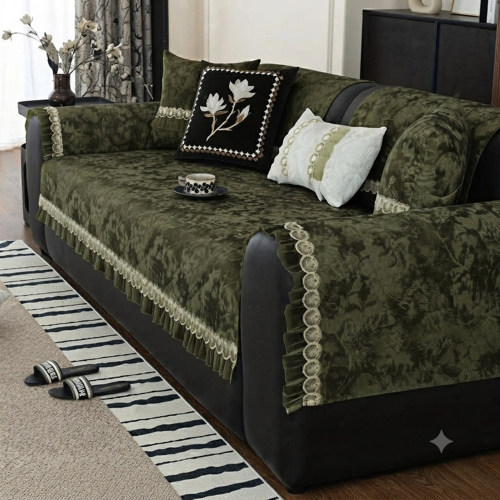 FLORAL ANTI SKID LACE SOFA MAT - CLASSY GREEN