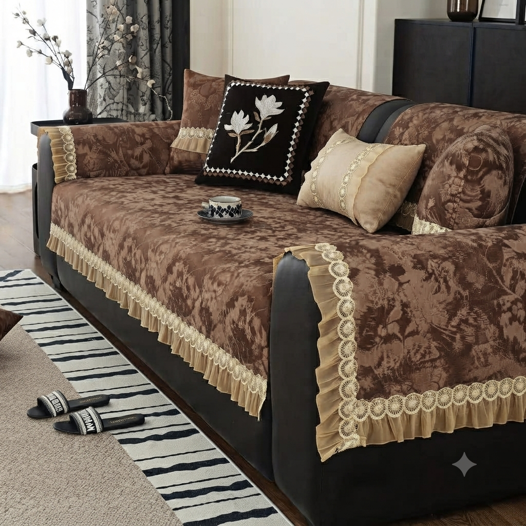 FLORAL ANTI SKID LACE SOFA MAT - CLASSIC COFFEE