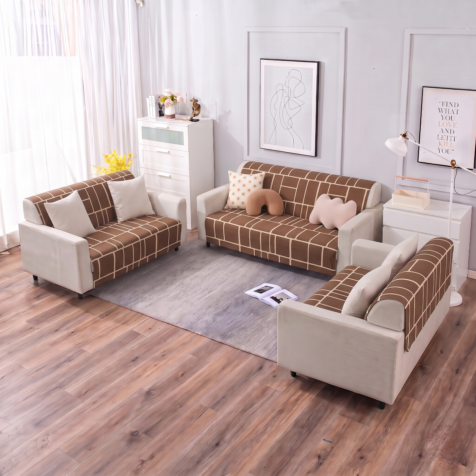Luxury Anti-Skid Armless Sofa Mats - Mocha Grid