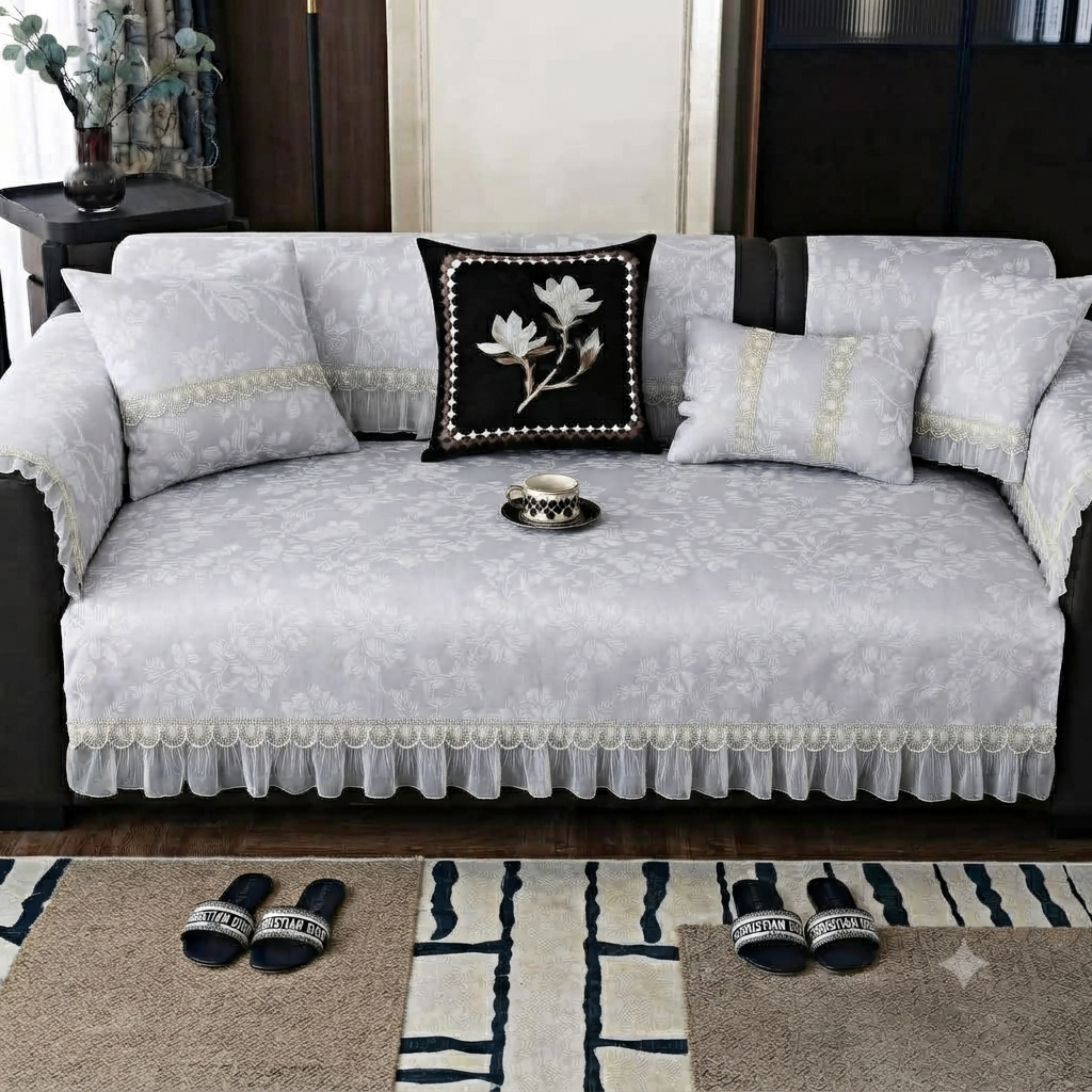 FLORAL ANTI SKID LACE SOFA MAT - FOG GREY