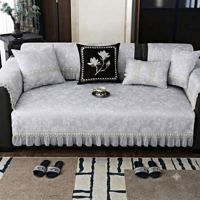FLORAL ANTI SKID LACE SOFA MAT - FOG GREY