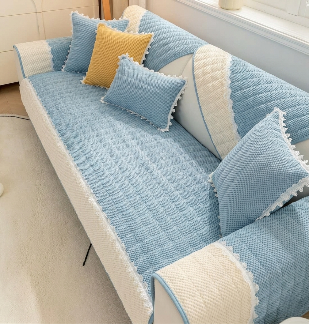 French Corduroy Lace Sofa Mat - Frost Blue
