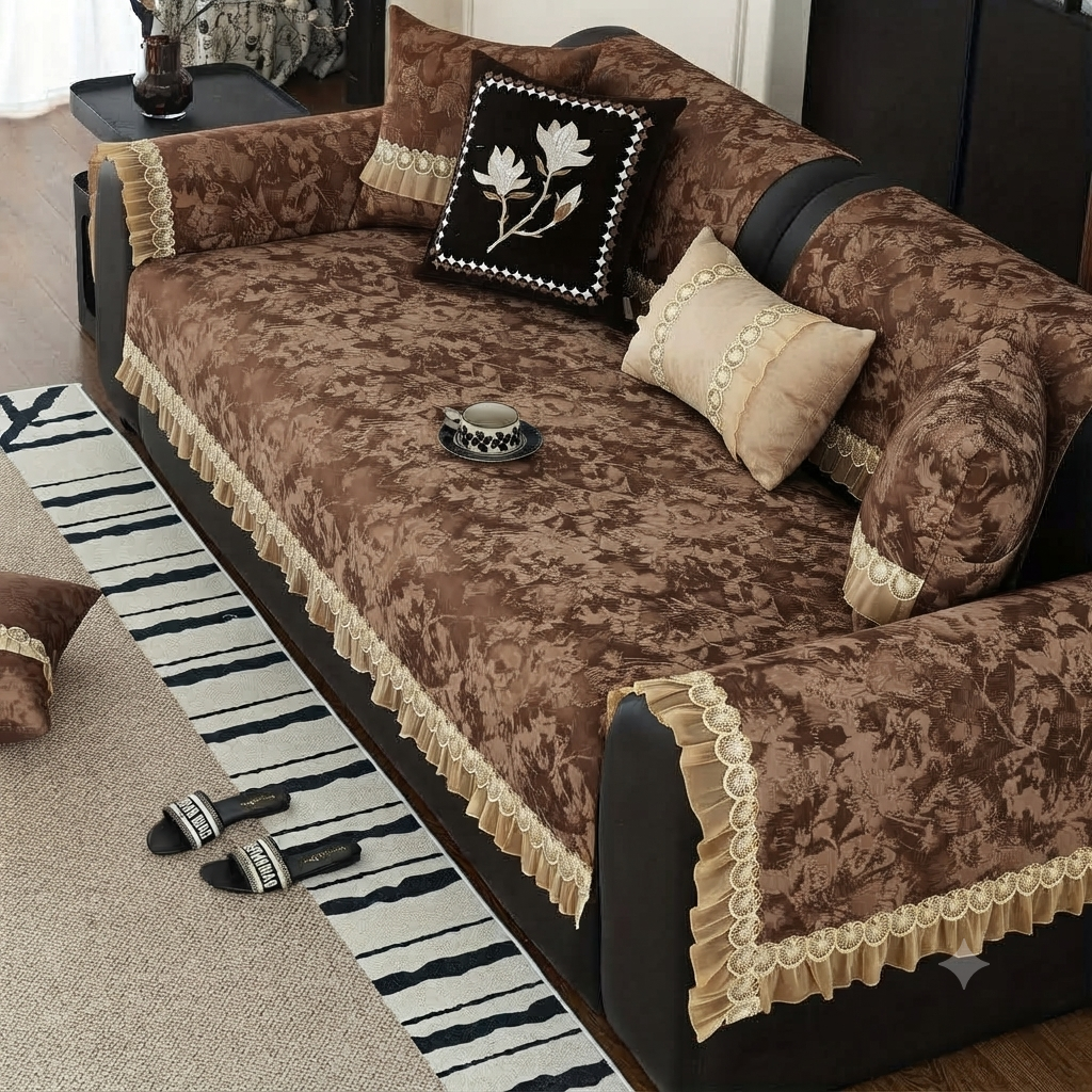FLORAL ANTI SKID LACE SOFA MAT - CLASSIC COFFEE
