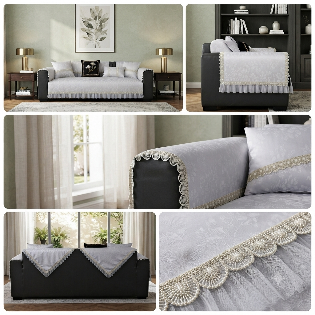FLORAL ANTI SKID LACE SOFA MAT - FOG GREY