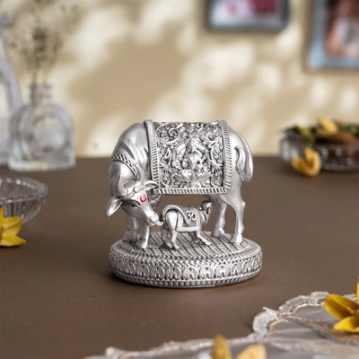 Silver plated Kamdhenu Cow with Calf Idol