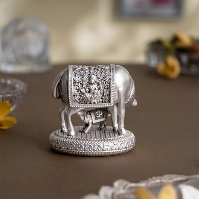 Silver plated Kamdhenu Cow with Calf Idol