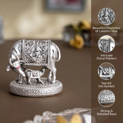 Silver plated Kamdhenu Cow with Calf Idol