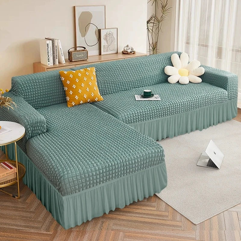 2026 L Shape Turkish Bubble Frill Sofa Covers : Sage Green