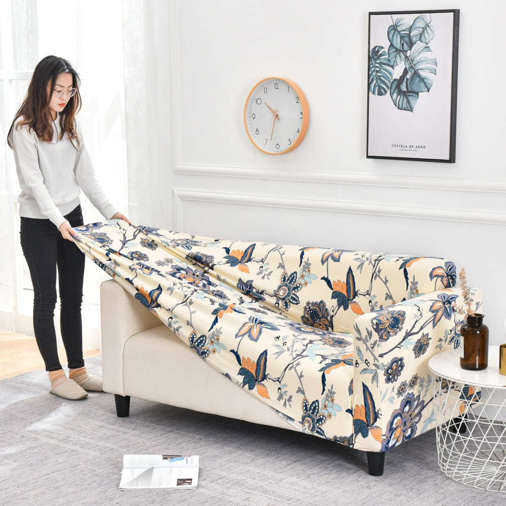 Trendize Exclusive Stretchable Sofa Cover - Beige Blue Flower