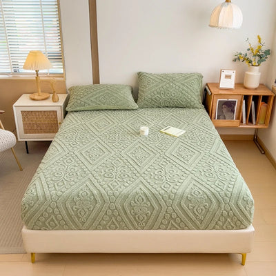 3D Engraved European Fitted Bedsheet - Pistachio Green