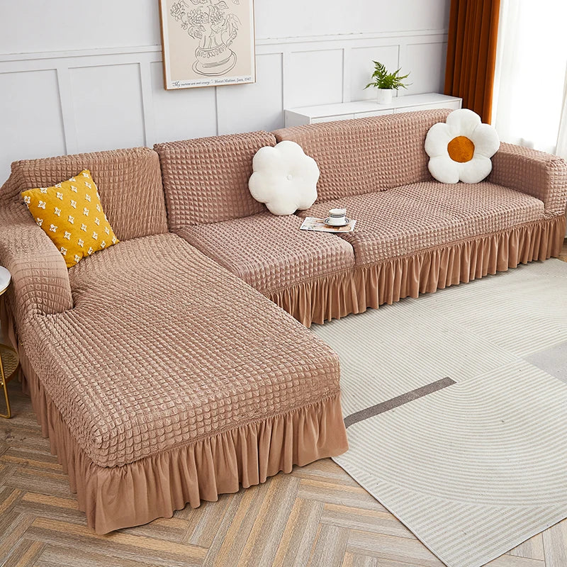 2026 L Shape Turkish Bubble Frill Sofa Covers : Light Brown