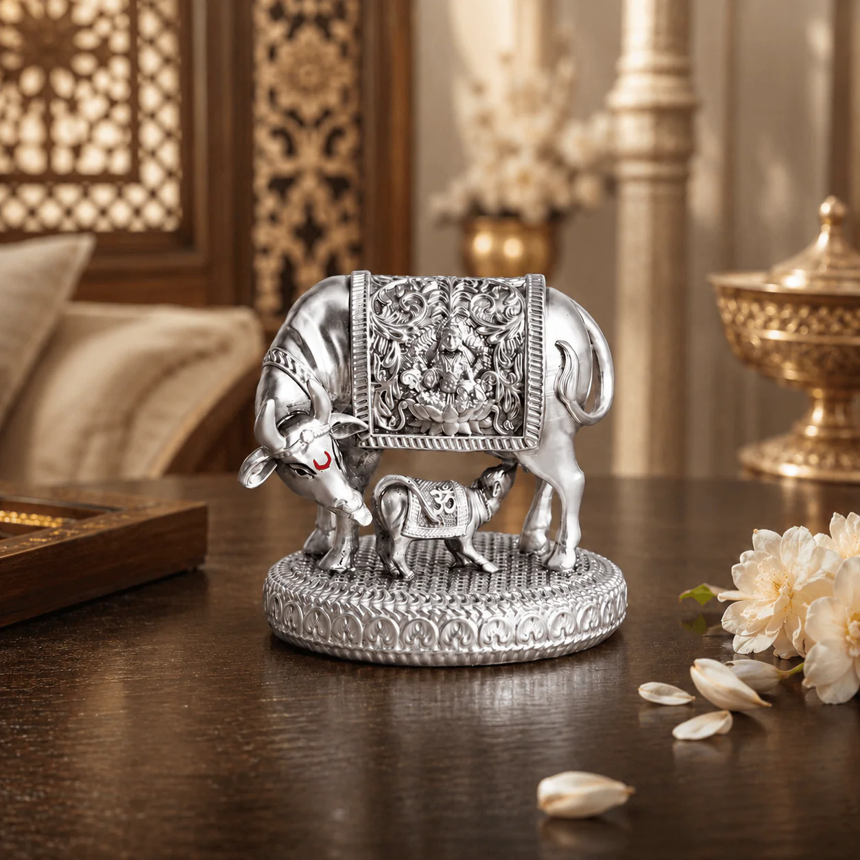 Silver plated Kamdhenu Cow with Calf Idol