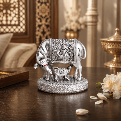Silver plated Kamdhenu Cow with Calf Idol