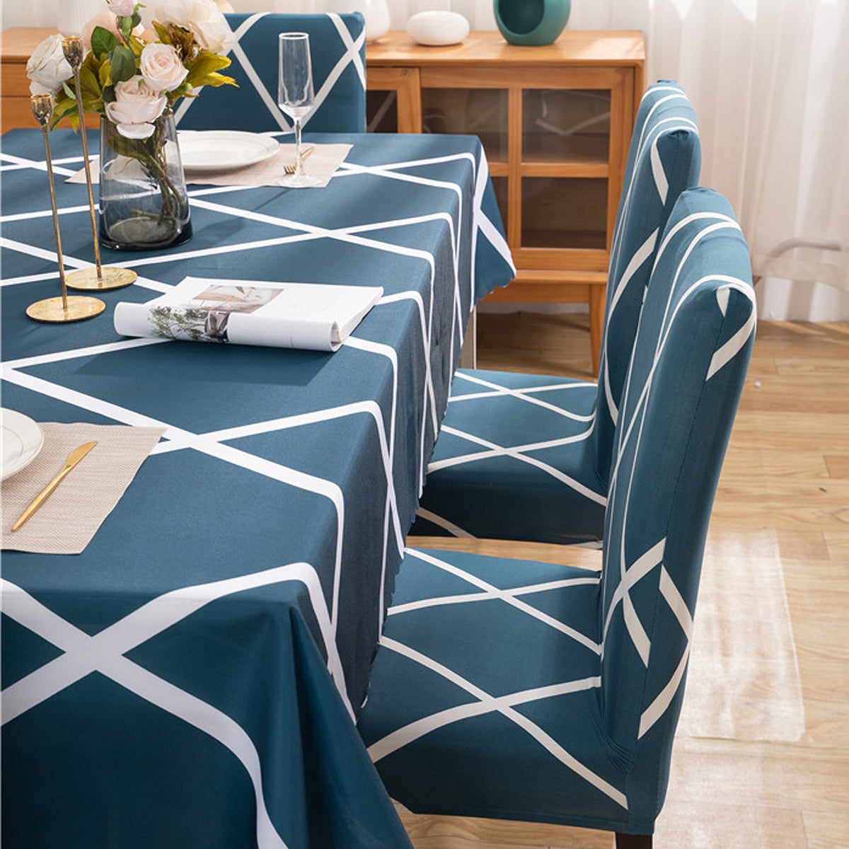 Premium Dining Table & Chair Cover Combo Cross Blue Trendize