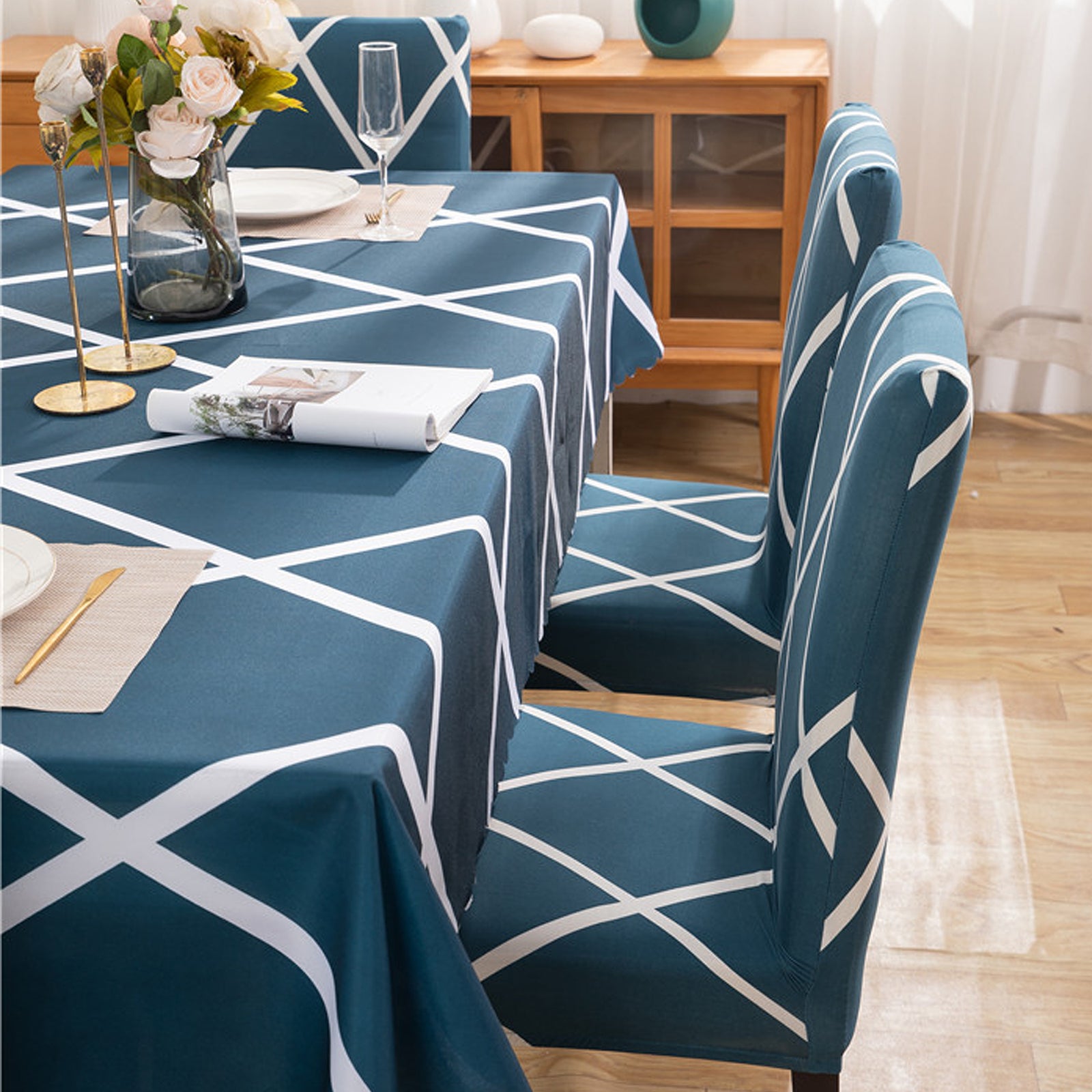 Premium Dining Table & Chair Cover Combo - Cross Blue