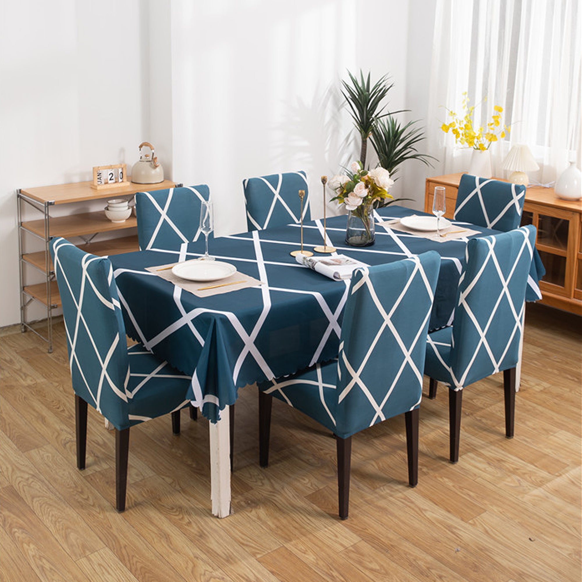 Premium Dining Table & Chair Cover Combo - Cross Blue - Trendize