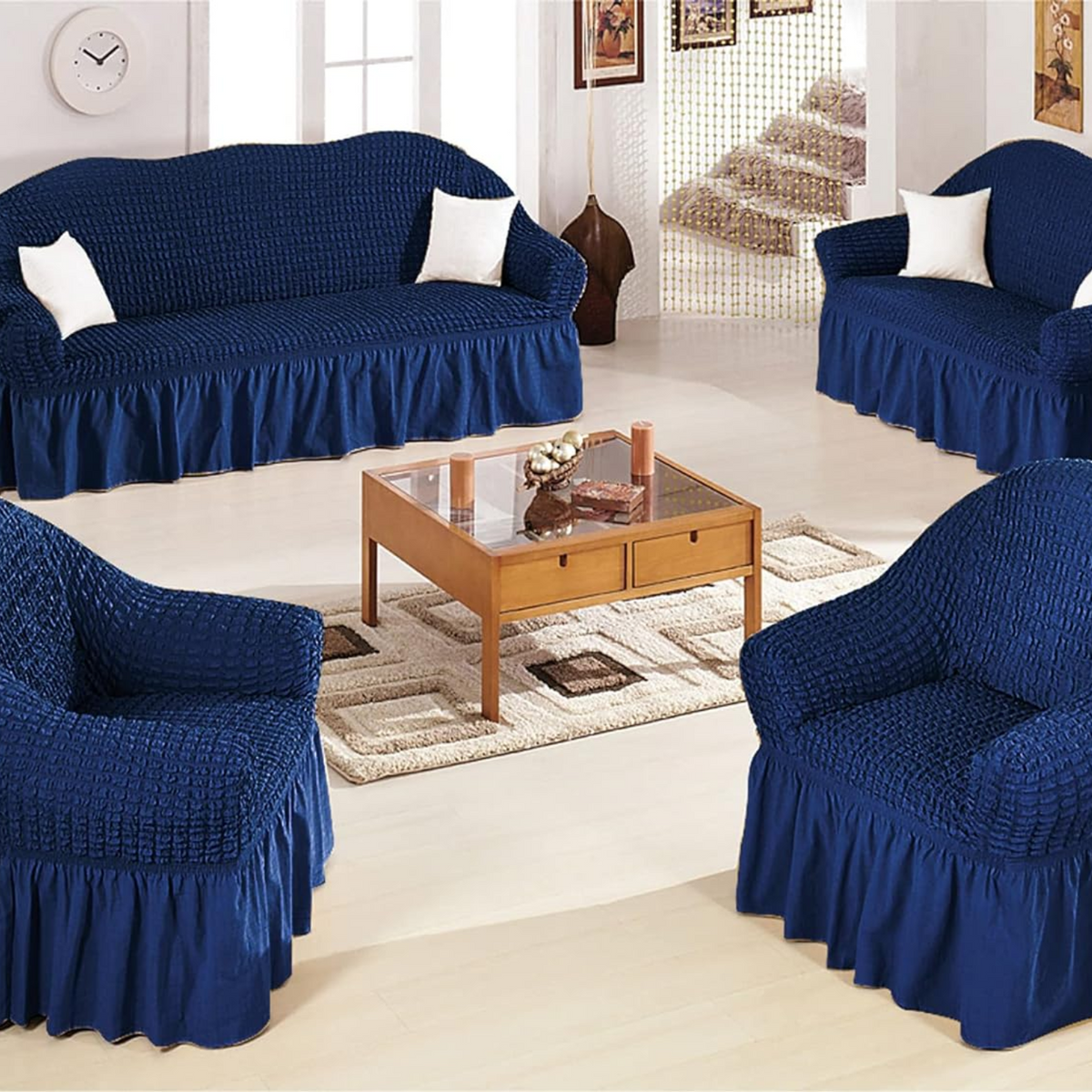 2026 Turkish Bubble Frill Sofa Covers : Navy Blue