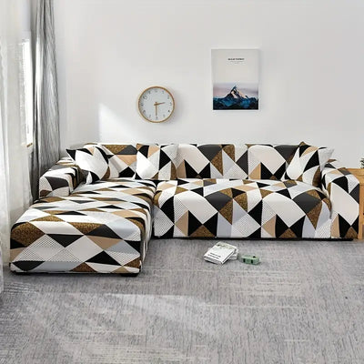 L Shape Sofa Cover - Geometric Brown