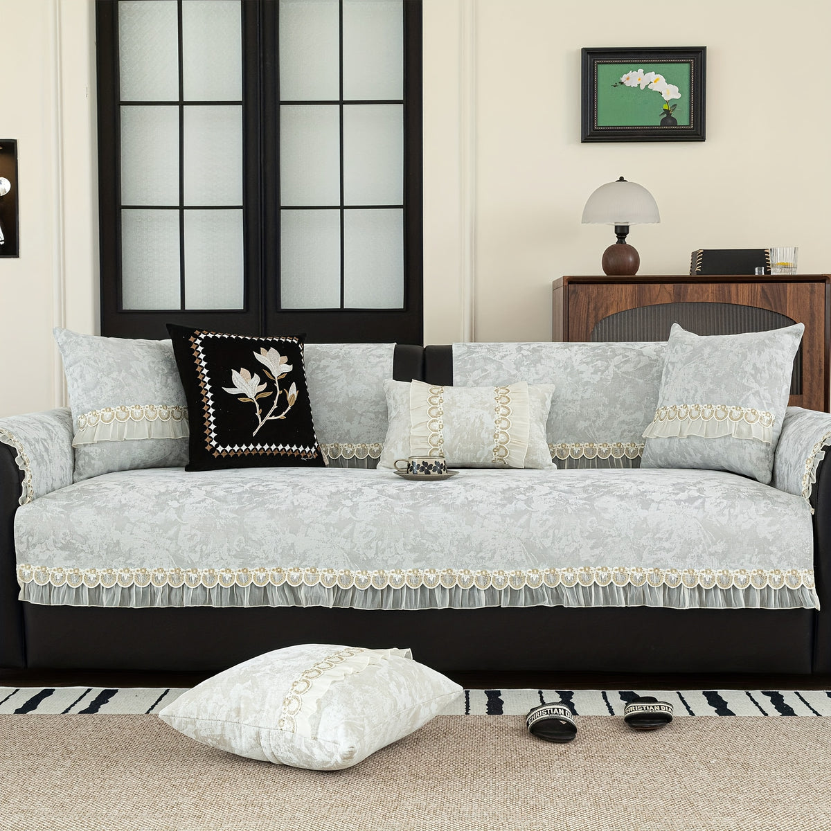FLORAL ANTI SKID LACE SOFA MAT - CELADON GREEN