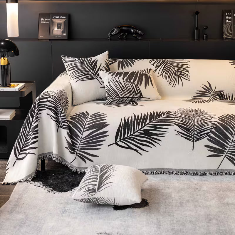 Premium Double Sided Chenille Sofa Covers - Black Leaf