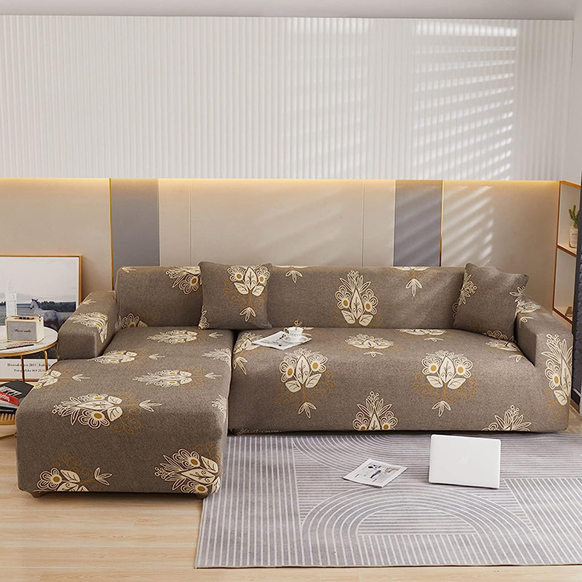 L Shape Sofa Cover - Beige Brocade