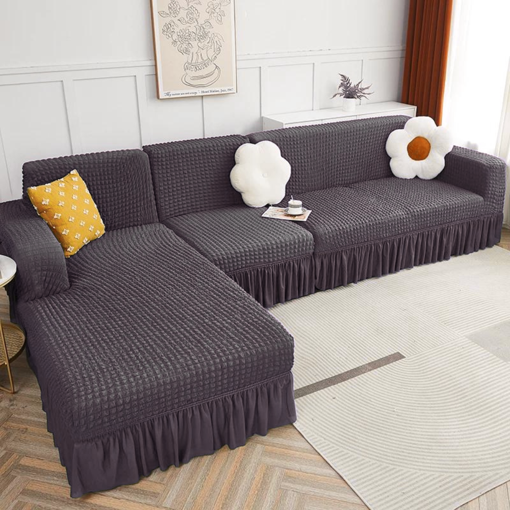 2026 L Shape Turkish Bubble Frill Sofa Covers : Dark Grey