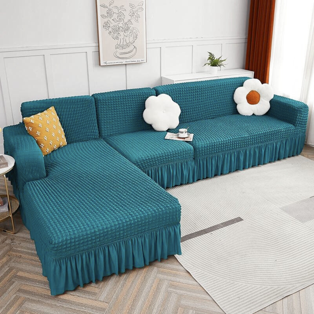 2026 L Shape Turkish Bubble Frill Sofa Covers : Teal