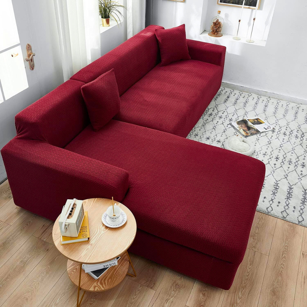 2026 L Shape Polar Fleece Sofa Cover : Maroon