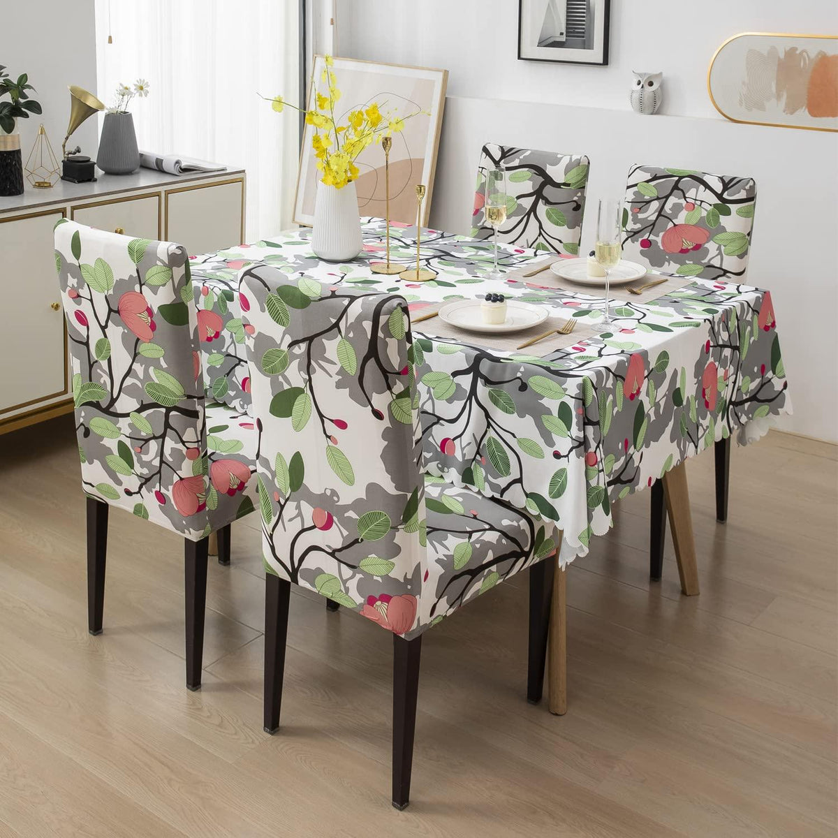 Premium Dining Table &amp; Chair Cover Combo - Branch White - Trendize