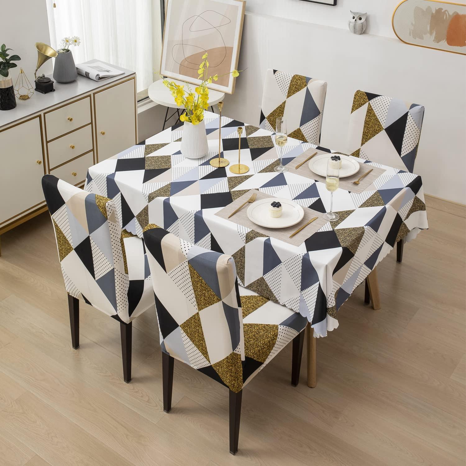 Premium Dining Table & Chair Cover Combo - Geometric Brown - Trendize