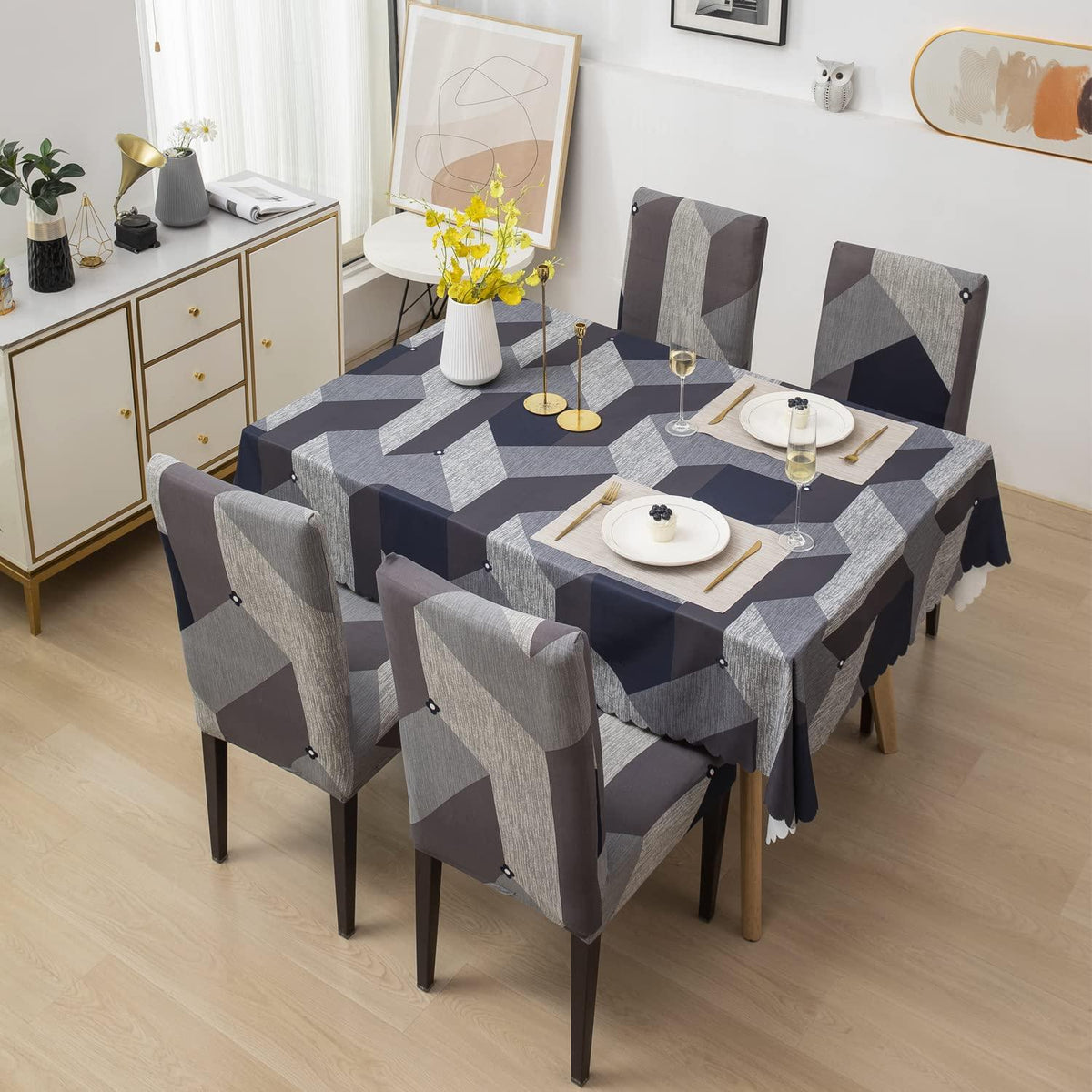 Premium Dining Table & Chair Cover Combo - Geometric Grey - Trendize