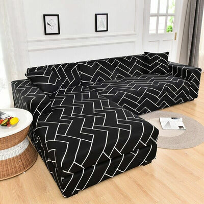 L Shape Sofa Cover - Black Herringbone