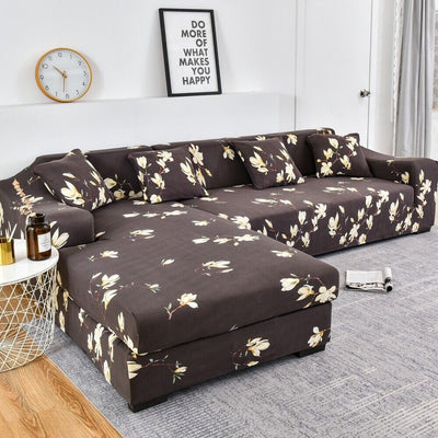 L Shape Sofa Cover - Floral Dark Coffee