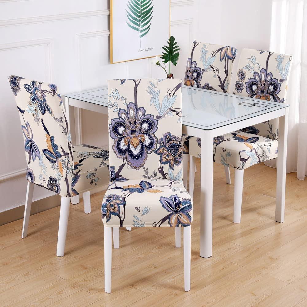 Stretchable Chair Covers, Beige Blue Flower