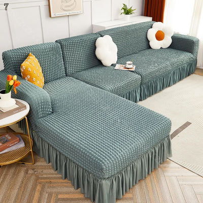 2025 L Shape Turkish Bubble Frill Sofa Covers : Sage Green