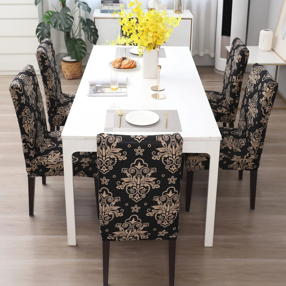Stretchable Chair Covers, Black Brocade