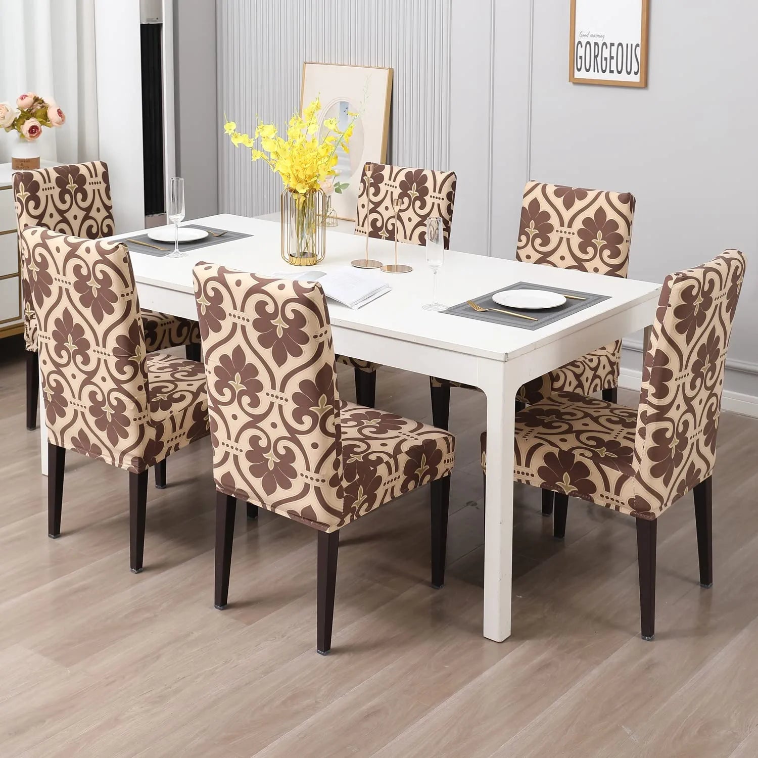 Stretchable Chair Covers, Cream Brocade