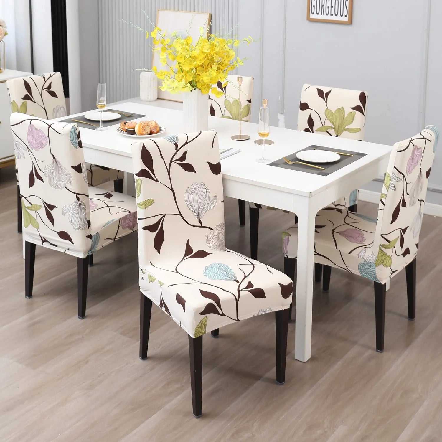 Stretchable Chair Covers, Blooming Beige