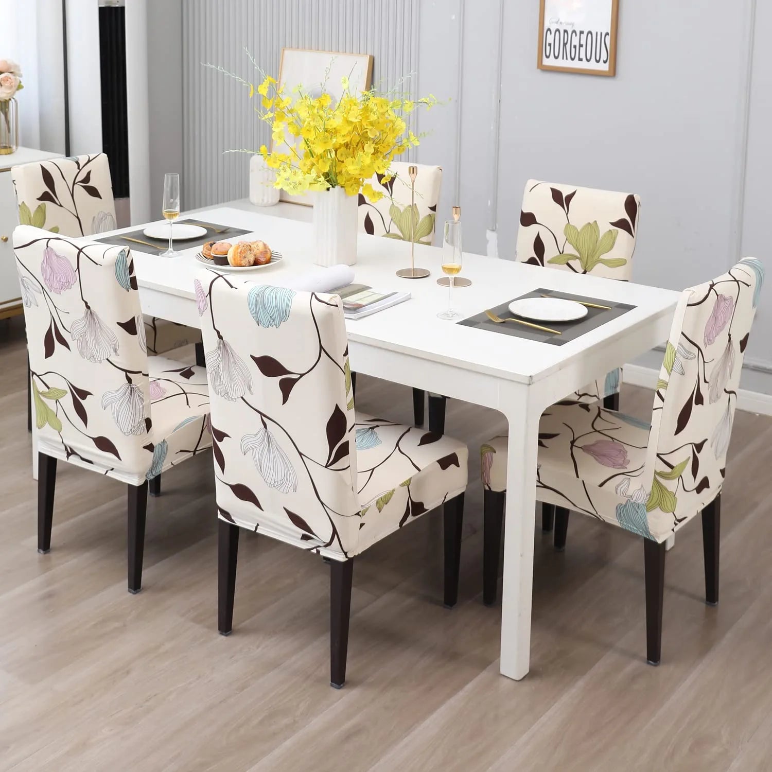 Stretchable Chair Covers, Blooming Beige - Trendize