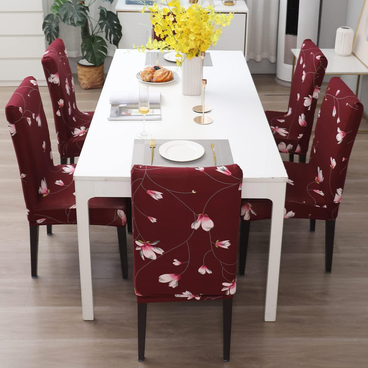 Stretchable Chair Covers, Floral Maroon - Trendize