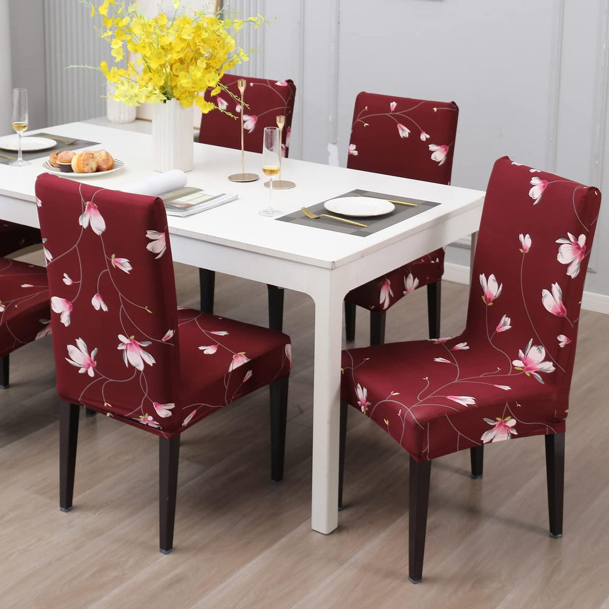 Stretchable Chair Covers, Floral Maroon - Trendize