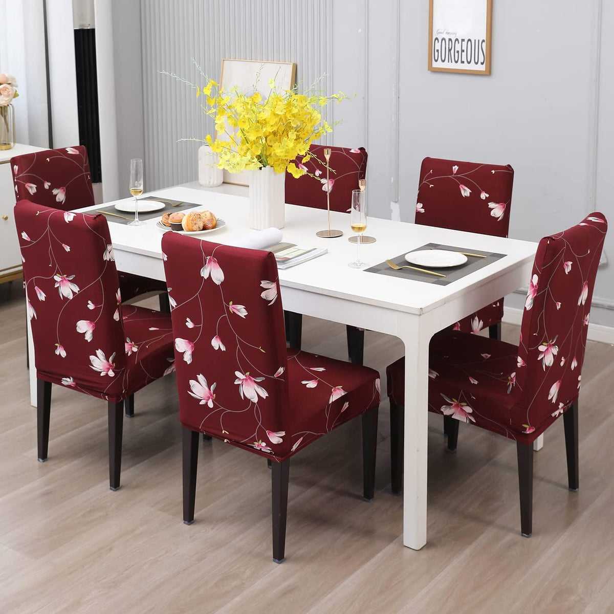 Stretchable Chair Covers, Floral Maroon - Trendize